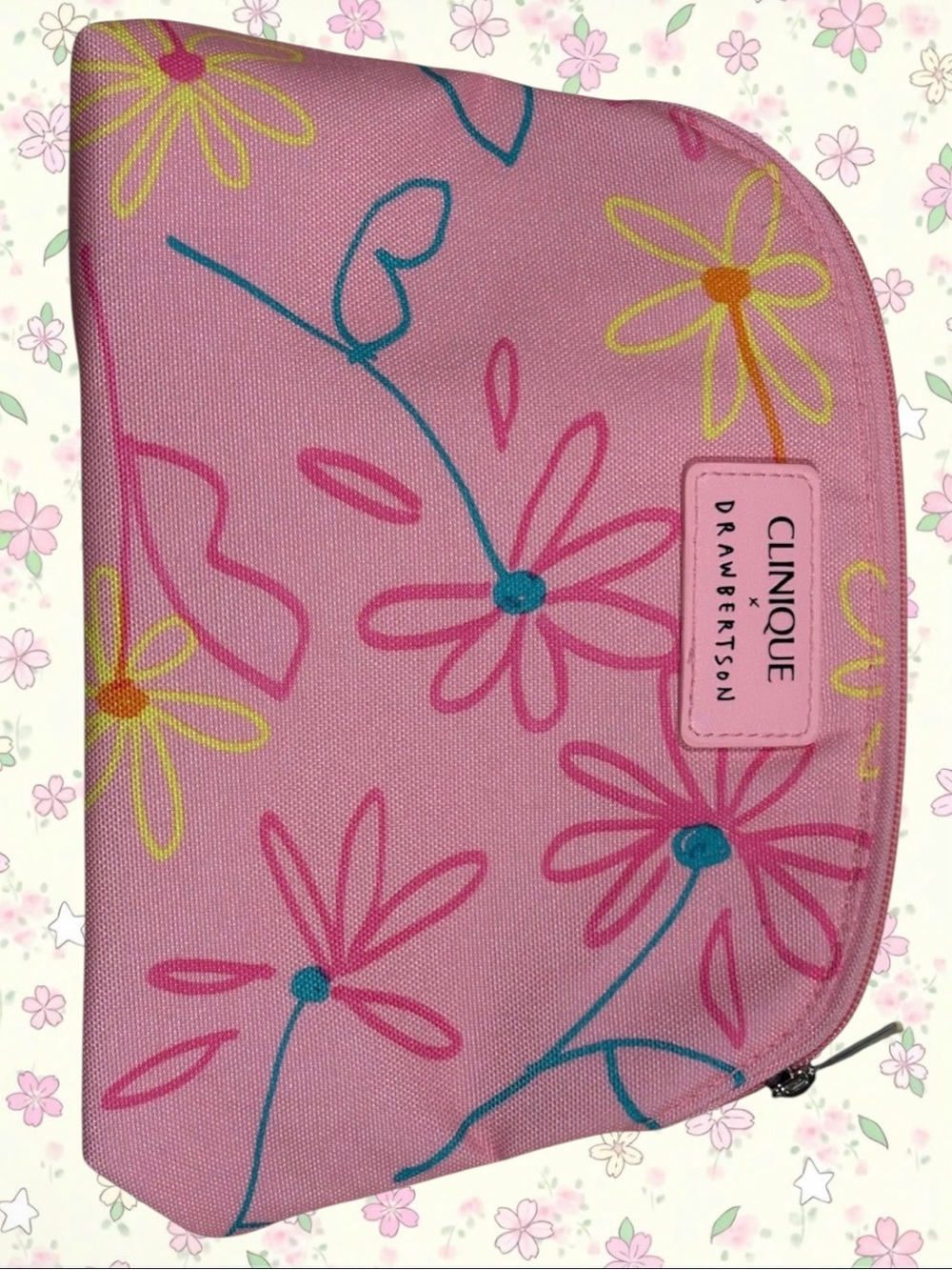 NWOT Clinique x Drawbertson Pink Floral Cosmetic Pouch